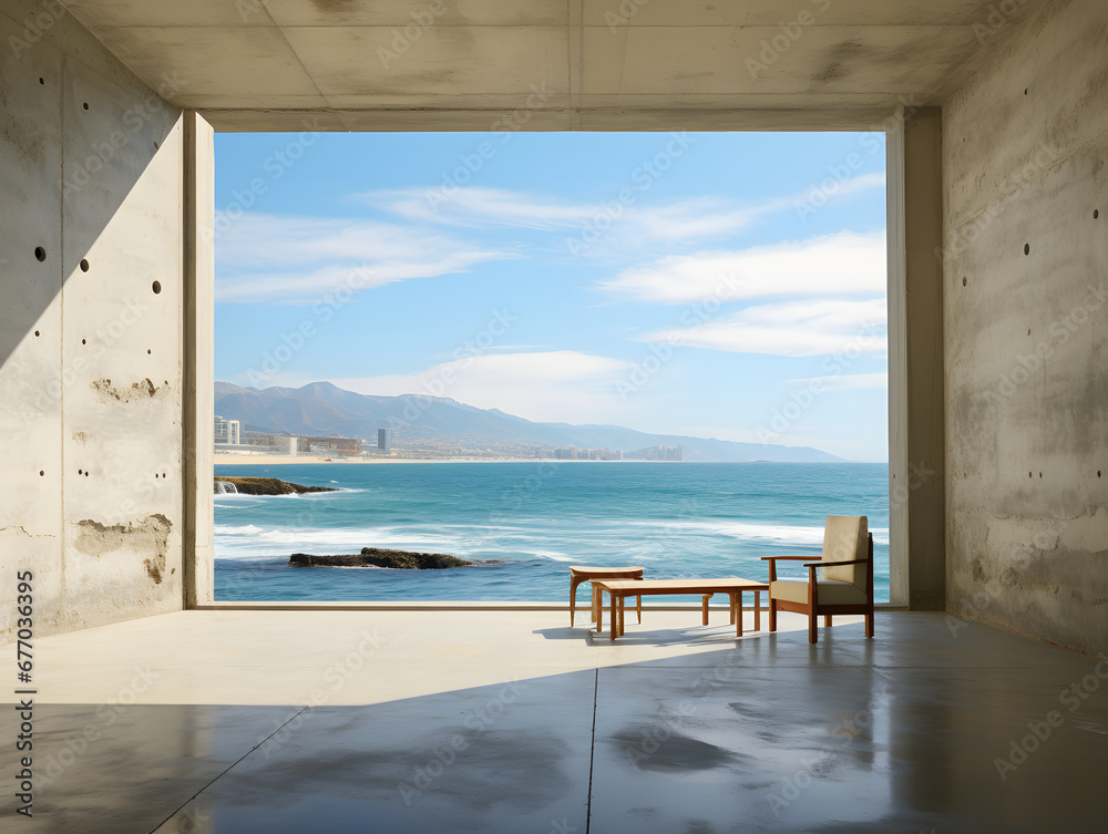 Empty modern room with sea view and bench. 3D Rendering.