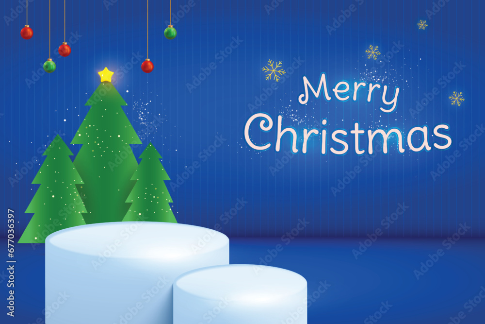 Merry Christmas Web Banner Background. Two Podium with Christmas Tree, Ball and Snowflakes on Blue Background. Vector Illustration. Merry Christmas Web Banner Background. Two Podium with Christmas Tree, Ball and Snowflakes on Blue Background. Vector Illustration.