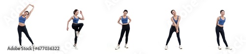 Collection of body workout training with stretching and warming up posture for athletic woman in different various exercise posing sequence in full body studio shot on isolated background. Vigorous