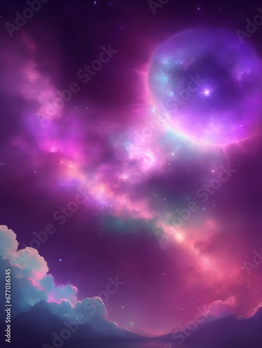 Abstract starlight and pink and purple and blue clouds stardust. This image shows a cloudy night sky with stars. The clouds are purple and fluffy, and the stars are shining brightly in the sky