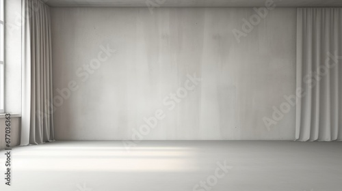 Blank white large concrete texture wall, beige blackout curtain window in sunlight on gray polished cement floor empty room for interior design decoration, house renovation, Generative AI