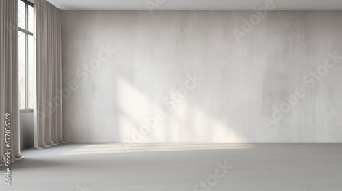 Blank white large concrete texture wall  beige blackout curtain window in sunlight on gray polished cement floor empty room for interior design decoration  house renovation  Generative AI