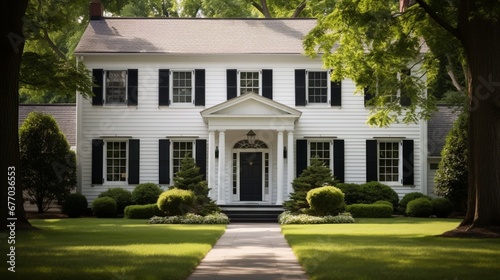 A traditional colonial-style home with white clapboard siding, black shutters, and a symmetrical front facade for a classic and timeless look. © MuhammadHamza