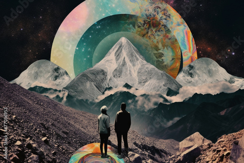 States of mind, travel, relationship concept. Abstract and surreal illustration of couple watching Earth from mountain. Strange geometric figures and colors in background. Colorful collage style photo