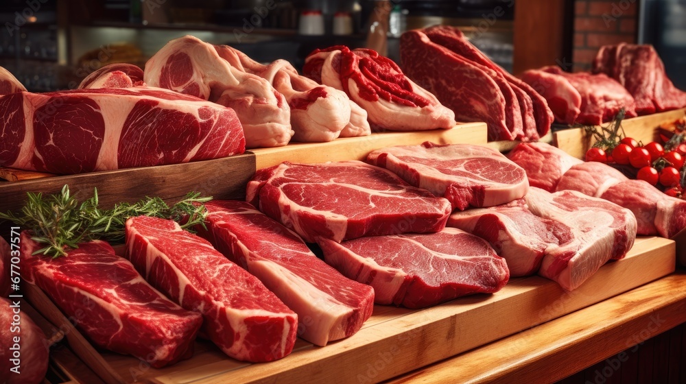 Different cuts of fresh raw red meat in supermarket, variety of prime