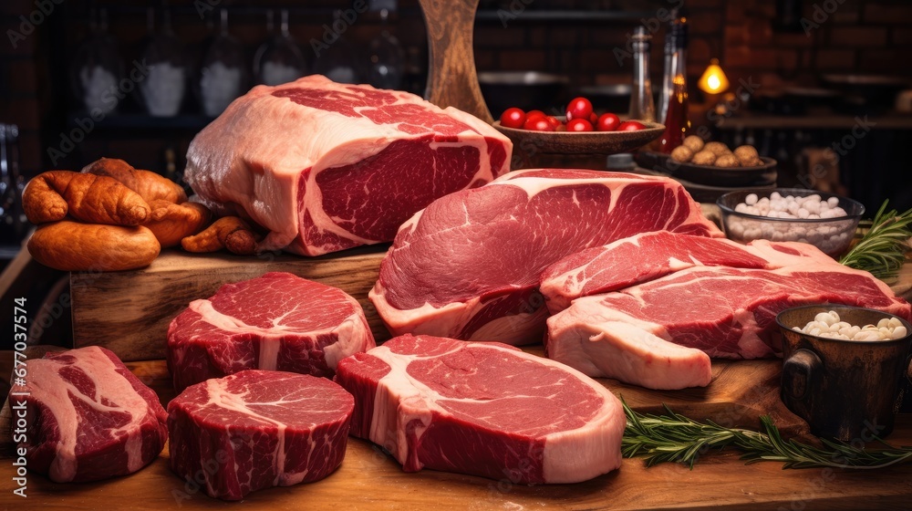 Different cuts of fresh raw red meat in supermarket, variety of prime