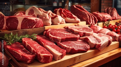 Different cuts of fresh raw red meat in supermarket, variety of prime meat steaks, angus, T-bone, ribeye, striploin, tomahawk on display in a grocery store meat counter, Generative ai