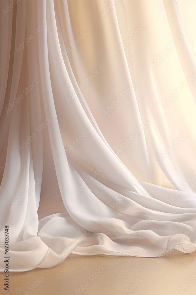 Soothing, mesmerizing wavy harmony movement of layer of blowing white, beige silky smooth sheer fabric cloth curtain in soft beautiful light on brown floor stage. Generative AI