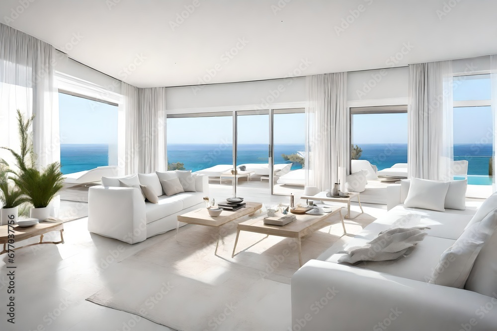 A living area made of dazzling white with views of the sea, your own private beach, and your own private pool