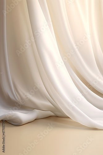 Soothing, mesmerizing wavy harmony movement of layer of blowing white, beige silky smooth sheer fabric cloth curtain in soft beautiful light on brown floor stage. Generative AI