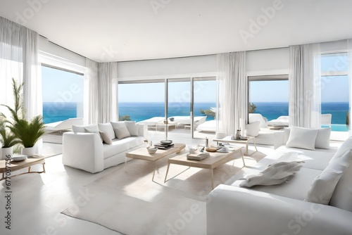 A living area made of dazzling white with views of the sea, your own private beach, and your own private pool