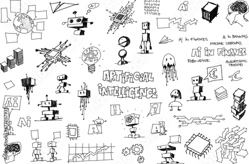 hand drawn architectural sketches of artificial intelligence topics and robots and network strucures and ai in finance and money