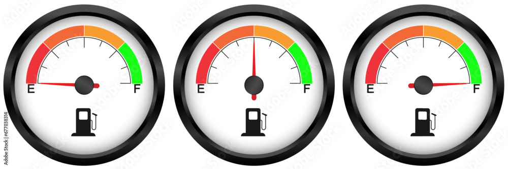 Set of Fuel gauge. low middle and a full tank. Round white car dashboard 3d. Fuel Indicator and Sensor. Vector illustration isolated on white background. Set of Fuel gauge. low middle and a full tank. Round white car dashboard 3d. Fuel Indicator and Sensor. Vector illustration isolated on white background.