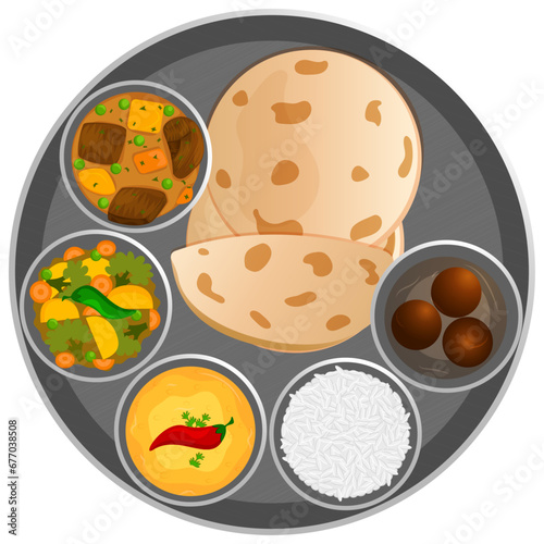 Indian Thali with Roti, Beef Stew, Mix Sabzi, Dal, Rice, and Gulab Jamun