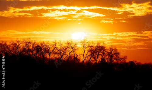 Golden sunset on the horizon in the steppe