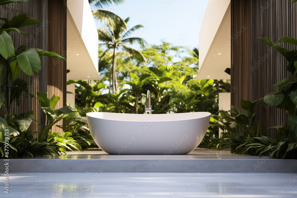 Fototapeta premium Luxury bathroom in jungle surrounding. Tropical plants interior.