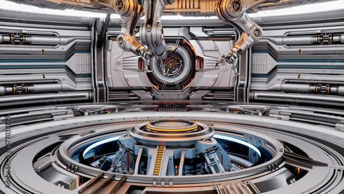3d rendering animation of highly detailed futuristic hall with robotic arms or cybernetic sci-fi space station designed for machinery building