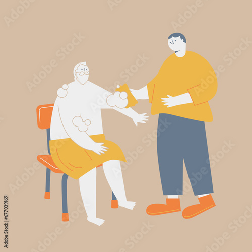 A man washing an elderly man's body.