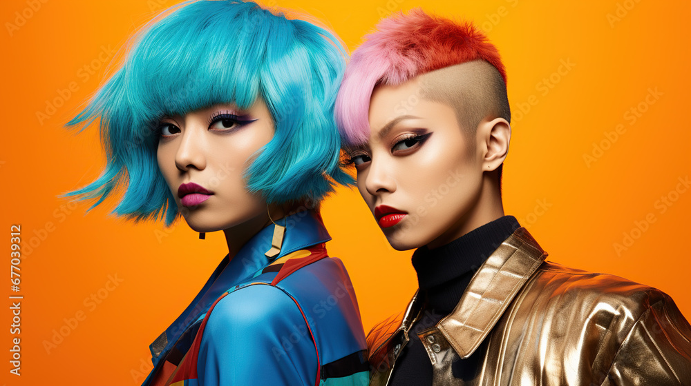 Studio portrait of red and blue hair woman with futuristic concept Studio portrait of red and blue hair woman with futuristic concept