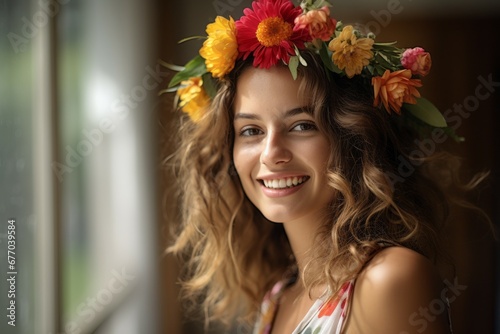 A woman with a floral headband and a flower crown on her head photo