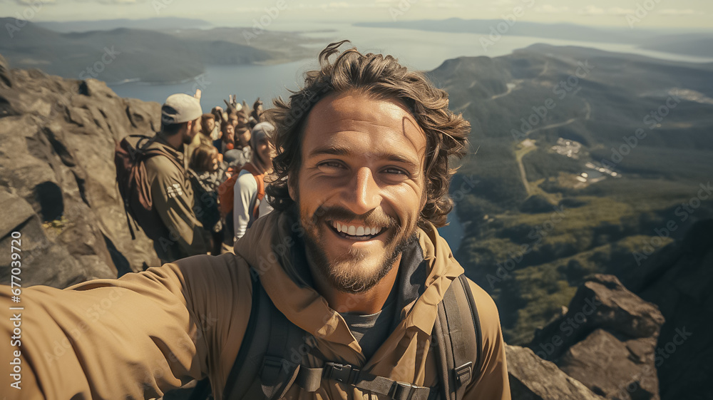 Young hiker man taking selfie portrait on the top of mountain - Happy guy smiling at camera - Tourism, sport life style and social media influencer concept. Generative AI