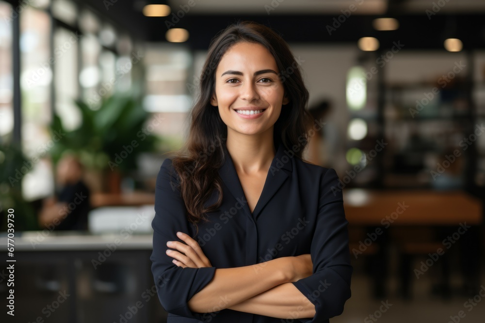 a business woman suit with her arms crossed - obrazy, fototapety, plakaty 
