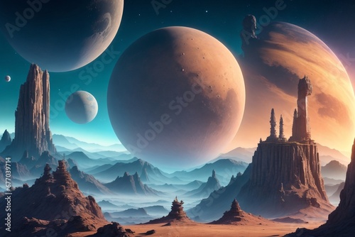 a variety of planets, each with its own futuristic landscapes, from luminous gas giants to rocky terrains adorned with towering structures