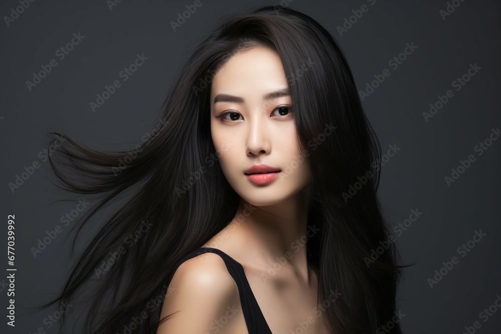 Asian girl hair product model with black hair in gray background Asian girl hair product model with black hair in gray background