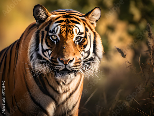 Close-up portrait of a tiger in the forest in autumn.