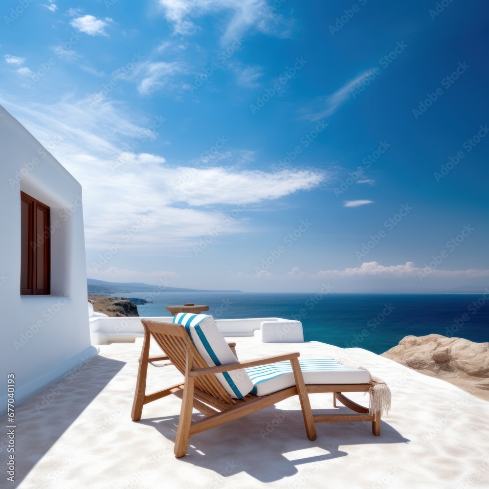 White deck chair on terrace with stunning sea view. Mediterranean hotel under blue sky on sunny day, summer vacation concept. Created with generative, Generative AI