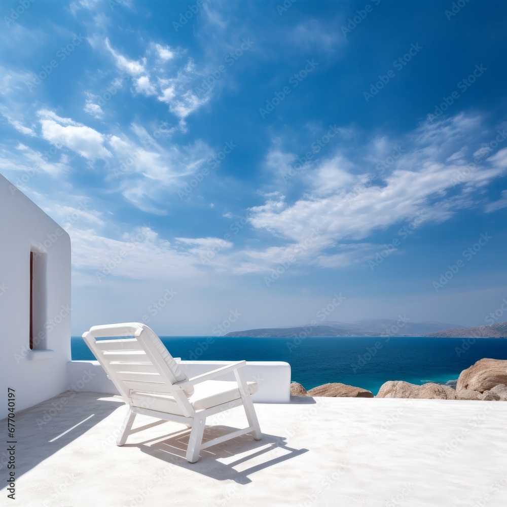 White deck chair on terrace with stunning sea view. Mediterranean hotel under blue sky on sunny day, summer vacation concept. Created with generative, Generative AI