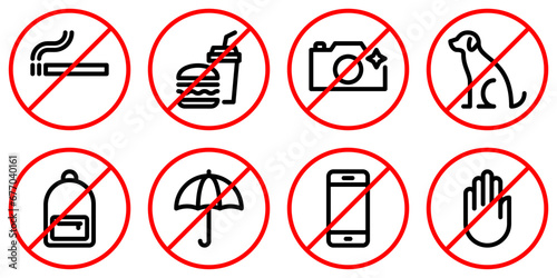 Set of prohibition line signs. No smoking, food and drinks, flash, animal, backpack, umbrella, phone outline icons isolated on white background. Do not touch symbol in linear style. Vector graphics