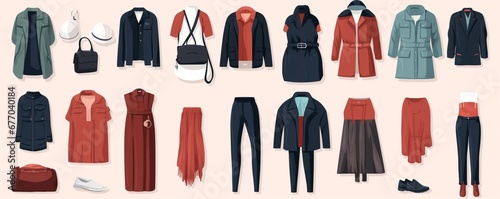 Fashion apparel set. Men women clothes accessories  cartoon stylish wardrobe dress shirt pants coat.  collection  Generative AI