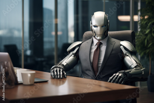 robot in businessman suit siting on chair in office