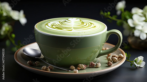 matcha green tea latte in green porcelain bowl created with Generative AI Technology 