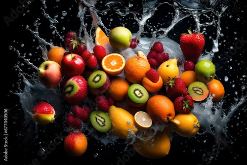colorful fruit splashed in the water on black background 
