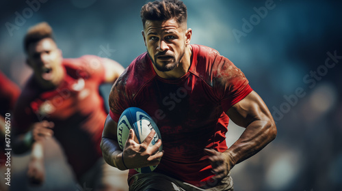 Dynamic photo of a rugby player holding the ball and trying to move forward. Rugby World Cup. The concept of emotions of sports victory photo