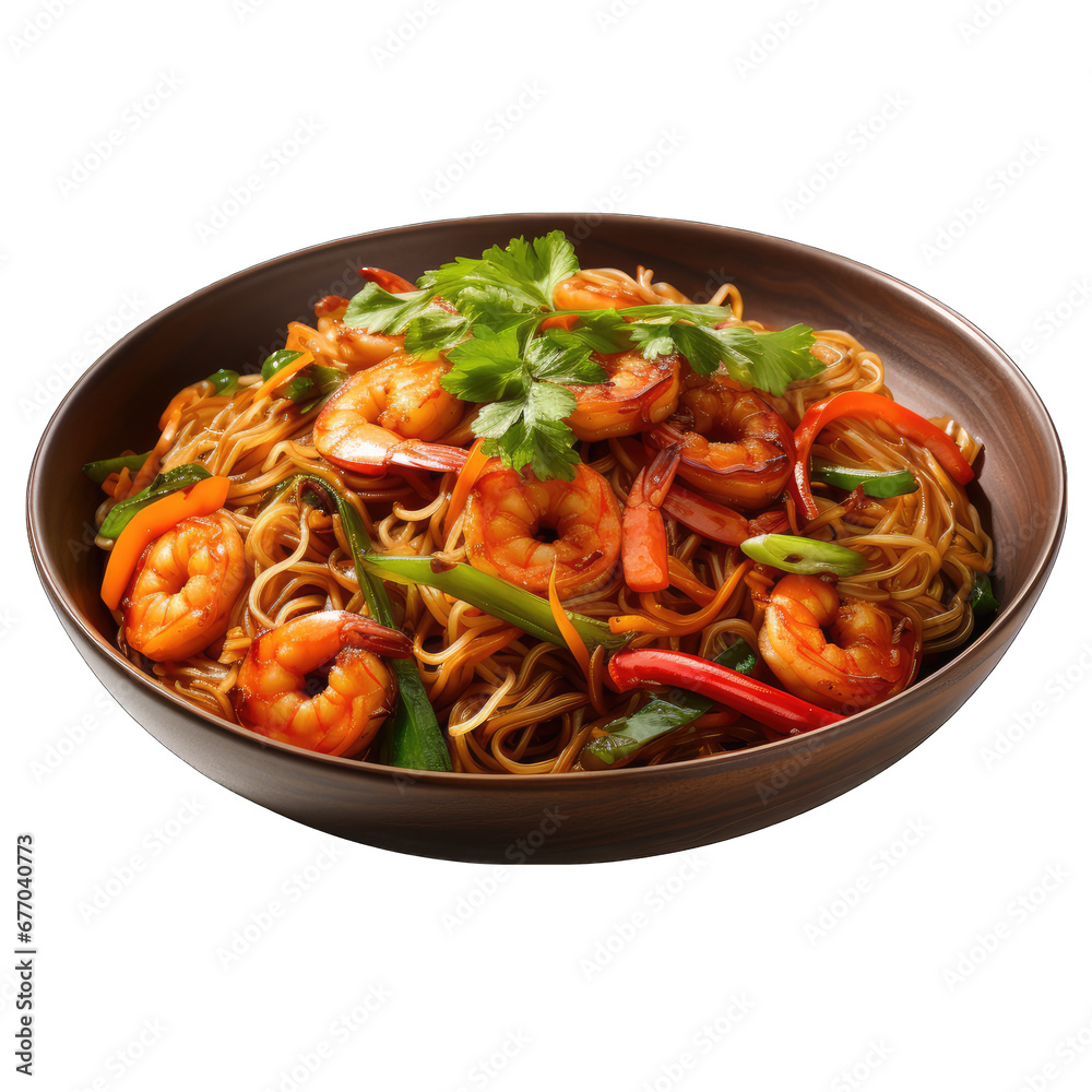 Shrimp Stir-fried Noodles in a Plate Isolated on Transparent or White Background, PNG Shrimp Stir-fried Noodles in a Plate Isolated on Transparent or White Background, PNG