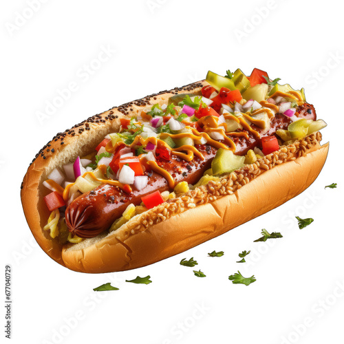 Hot Dog Overloaded with Toppings Isolated on Transparent or White Background, PNG
