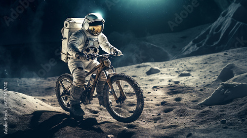 An astronaut rides a bicycle on the moon.