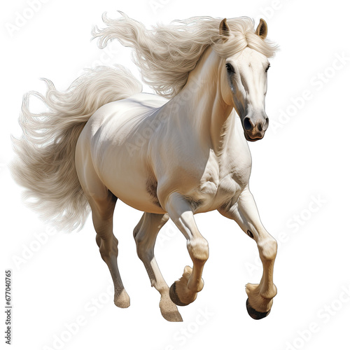 White Horse Running with Flowing Mane Isolated on Transparent or White Background  PNG