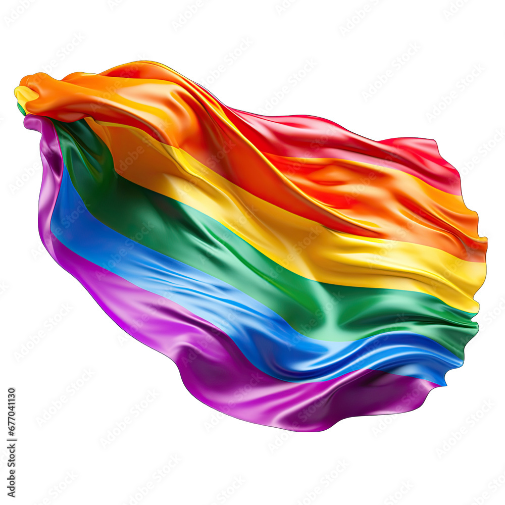 Rainbow Flag Flying in the Wind Isolated on Transparent or White Background, PNG