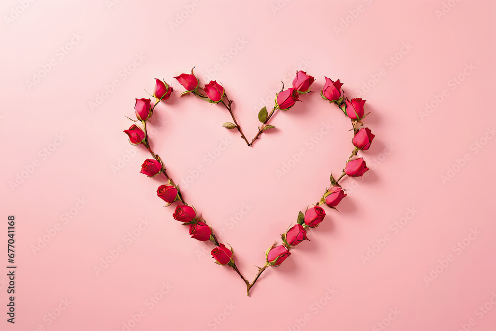 pink heart on a red background. Women's Day and Valentine's day concept. Top view photo of rose buds and sprinkles on isolated pastel pink background.