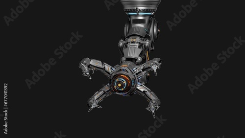 Cyber machine manipulator equipped with multiple robotic arms for advanced works in nano technology or various space constructions. 3d rendering animation with alpha isolated on black background