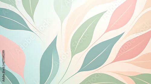 Creative simple art abstract Organic shapes of flowers and leaves pattern in pastel colors of soft pink, light blue and mint green created with Generative AI Technology 