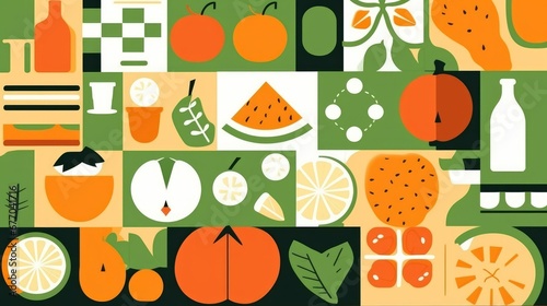 Food geometric mosaic background. Natural organic vegetable fruit pattern simple swiss bauhaus style. illustration, Generative AI