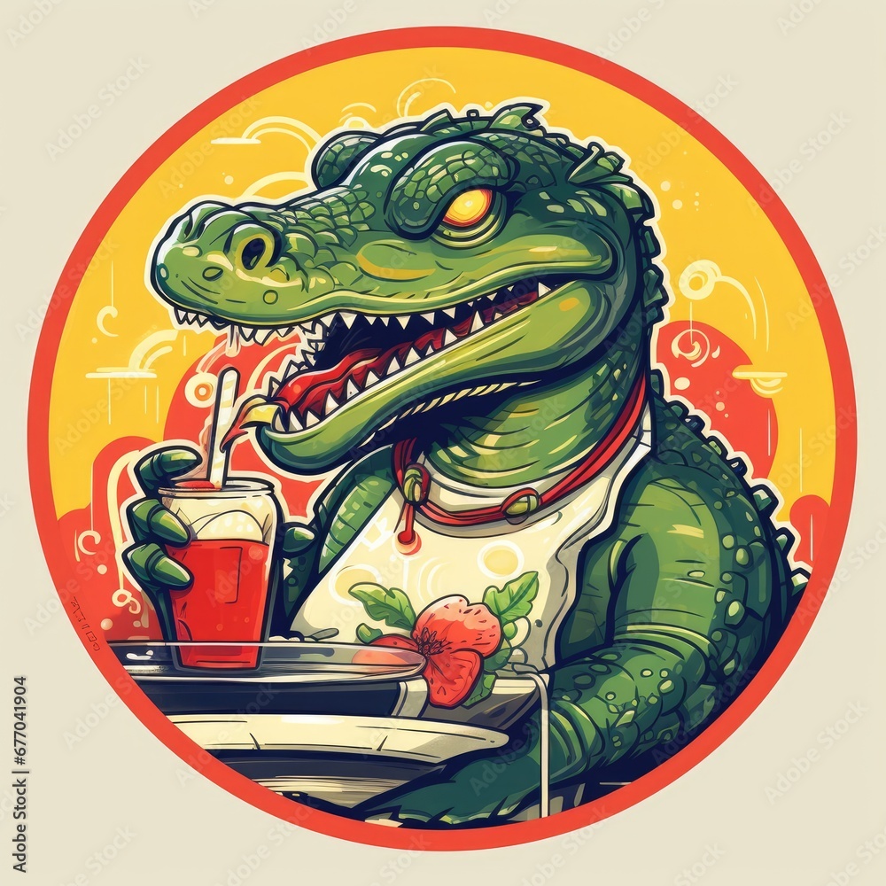 A Thirsty Alligator Enjoying a Refreshing Beverage at the Cartoon Oasis