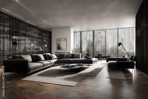Spacious long living room with dark design © usman