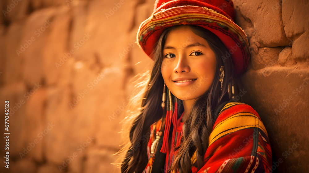 Peruvian young woman in traditional clothing on an Inca wall in Chinchero, Cusco, Peru - obrazy, fototapety, plakaty 