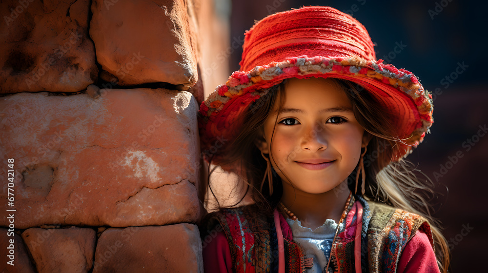 beautiful quechua girl en traditional clothes, Cusco little girl smiling, peruvian - obrazy, fototapety, plakaty 
